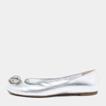 Pre Owned Alexander McQueen Silver Leather Skull City Ballet Flats Size 38
