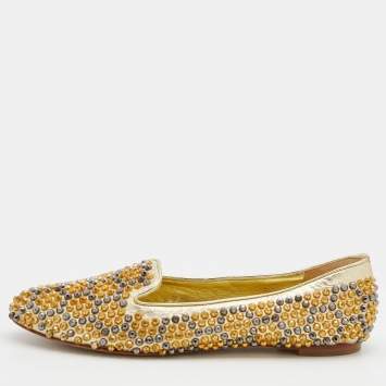 Pre Owned Alexander McQueen Metallic Gold Leather Stud Embellished Smoking Slippers Size 38