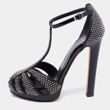 مملوكة مسبقًا Alexander McQueen Black Studded Leather Peep-Toe T-Bar Platform Sandals Size 36