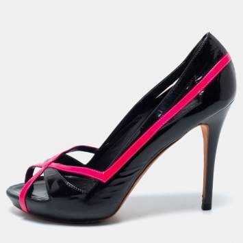 Pre Owned Alexander McQueen Black/Pink Patent Leather Open Toe Platform Pumps Size 37