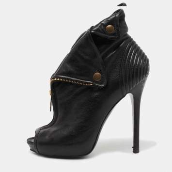Pre Owned Alexander McQueen Black Leather Faithful Skull Peep Toe Booties Size 36 