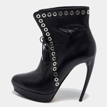 Pre Owned Alexander McQueen Black Leather Eyelet Detail Platform Ankle Booties Size 36