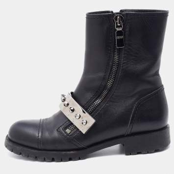 Pre Owned Alexander McQueen Black Leather Metal Bar Studded Biker Ankle Boots Size 38.5