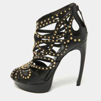 Pre Owned Alexander McQueen Black Leather Studded Caged Platform Booties Size 36