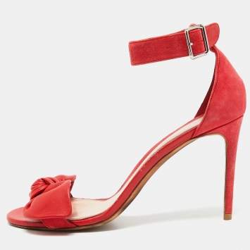 Pre Owned Alexander McQueen Red Suede and Leather Bow Ankle Strap Sandals Size 40