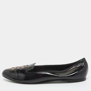 Pre Owned Alexander McQueen Black Patent Leather Sequin Skull Smoking Slippers Size 39