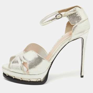 Pre Owned Alexander McQueen Silver Leather Studded Platform Ankle-Strap Sandals Size 39.5