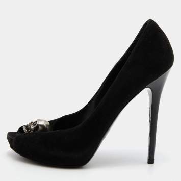 Pre Owned Alexander McQueen Black Suede Skull Peep Toe Pumps Size 38.5