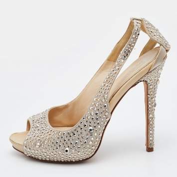 Pre Owned Alexander McQueen Beige Satin Crystal Embellished Peep Toe Pumps Size 38.5