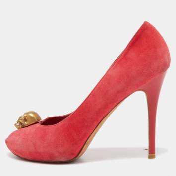 Pre Owned Alexander McQueen Red Suede Skull Peep Toe Pumps Size 37