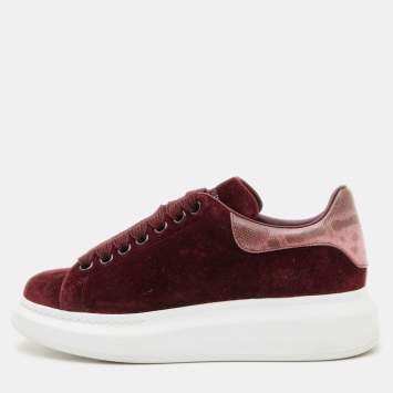 Pre Owned Alexander McQueen Burgundy Velvet and Karung Leather Oversized Low Top  Sneakers Size 38.5