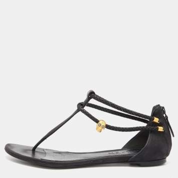 Pre Owned Alexander McQueen Black Leather Skull Embellished Thong Flat Sandals Size 39
