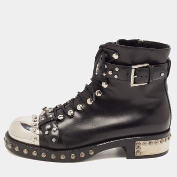 Pre Owned Alexander McQueen Black Studded Leather Cap Toe Ankle Boots Size 38