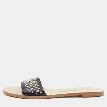 Pre Owned Jimmy Choo Black Leather Studded Flat Slides Size 38