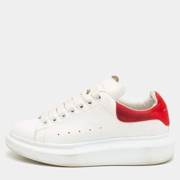 Pre Owned Alexander McQueen White/Red Leather and Suede Oversized Low Top Sneakers Size 38