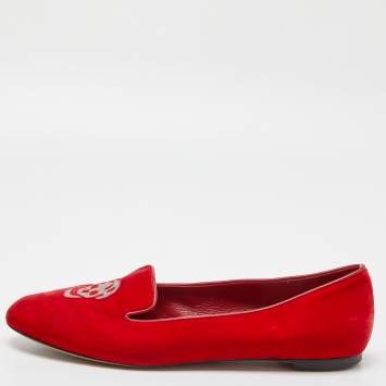Pre Owned Alexander McQueen Red Velvet Embroidered Skull Smoking Slippers Size 38