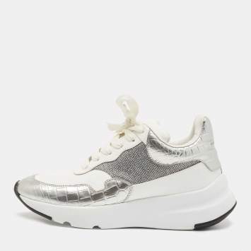 Pre Owned Alexander McQueen White Croc Embossed Leather Oversized Low Top Sneakers Size 40.5