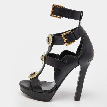 Pre Owned Alexander McQueen Black Leather Strappy Platform Sandals Size 38.5