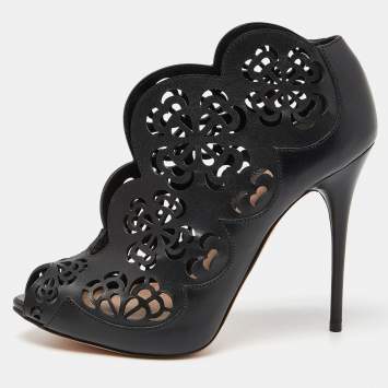 Pre Owned Alexander McQueen Black Laser Cut Leather Peep Toe Booties Size 36