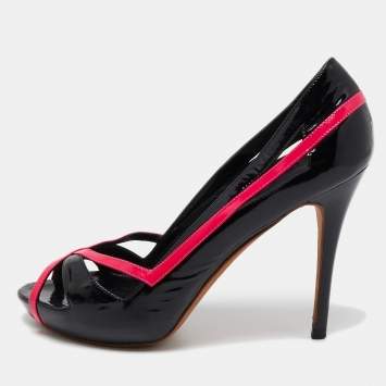 Pre Owned Alexander McQueen Black/Pink Patent Leather Open Toe Pumps Size 37