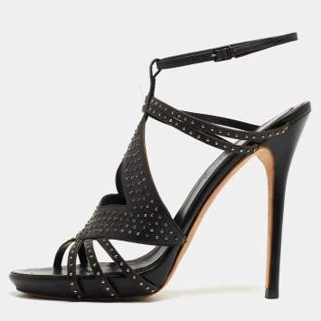 Pre Owned Alexander McQueen Black Leather Studded Caged Sandals Size 40