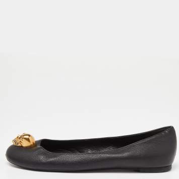 Pre Owned Alexander McQueen Black Leather Skull City Ballet Flats Size 40