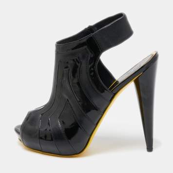 Pre Owned Alexander McQueen Black Patent and Leather Peep Toe Boots Size 38