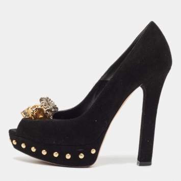 Pre Owned Alexander McQueen Black Suede Skull Peep Toe Platform Pumps Size 36