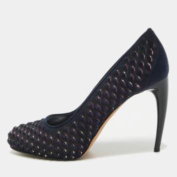 Pre Owned Alexander McQueen Navy Blue/Pink Laser Cut Suede and Studded Satin Round Toe Pumps Size 37.5
