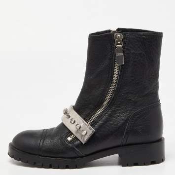 Pre Owned Alexander McQueen Black Leather Metal Bar Studded Biker Ankle Boots Size 37