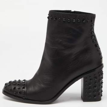 Pre Owned Alexander McQueen Black Leather Studded Block Heel Ankle Boots Size 39