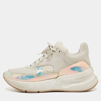 Pre Owned Alexander McQueen White/Holographic Leather Oversized Runner Sneakers Size 39.5