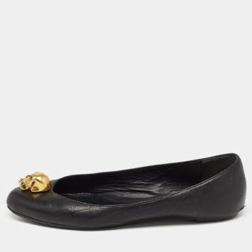 Pre Owned Alexander McQueen Black Leather Skull Ballet Flats Size 37
