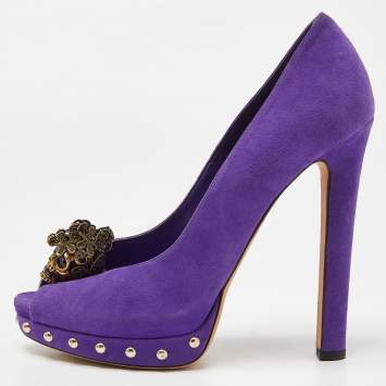 Pre Owned Alexander McQueen Purple Suede Skull Embellished Peep Toe Platform Pumps Size 37.5