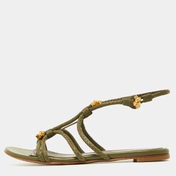 Pre Owned Alexander McQueen Green Leather Embellished Skull Flat Thong Sandals Size 38