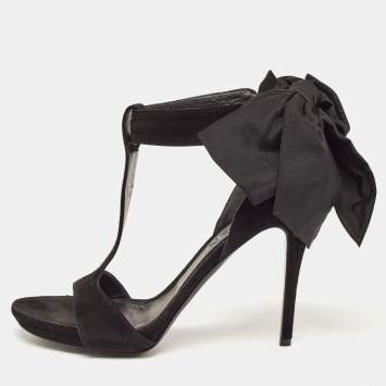 Pre Owned Alexander McQueen Black Suede Oversized Ankle Bow Tie Sandals Size 40.5