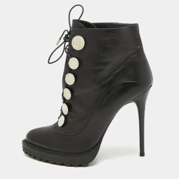 Pre Owned Alexander McQueen Black Leather Lace Up Platform Ankle Boots Size 40