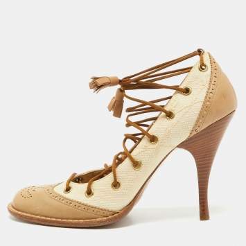 Pre Owned Alexander McQueen Beige Leather and Canvas Lace Up Loafers Pumps Size 38.5