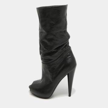 Pre Owned Alexander McQueen Black Leather Peep Toe Ankle Boots Size 35