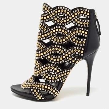 Pre Owned Alexander McQueen Black Leather Studded Peep Toe Ankle Boots Size 36