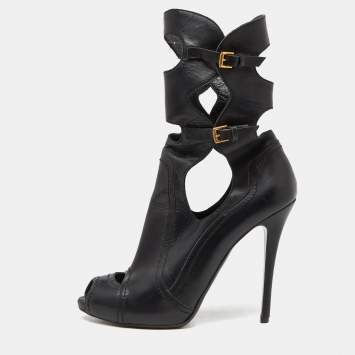 Pre Owned Alexander McQueen Black Leather Cut Out Peep Toe Ankle Boots Size 39.5