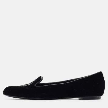 Pre Owned Alexander McQueen Black Velvet Skull Embroidered Smoking Slippers Size 36