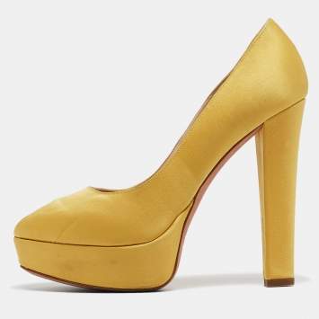 Pre Owned Alexander McQueen Yellow Satin Peep Toe Pumps  Size 39.5
