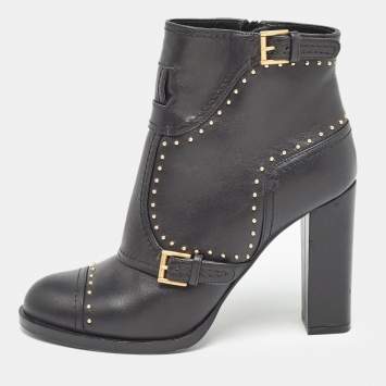 Pre Owned Alexander McQueen Black Leather Studded Buckle Ankle Boots Size 38.5