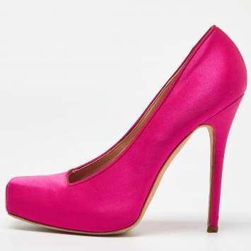 Pre Owned Alexander McQueen Magenta Satin Square Toe Platform Pumps Size 38.5
