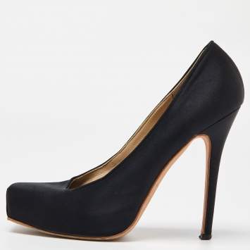 Pre Owned Alexander McQueen Black Satin Square Toe Platform Pumps Size 38.5