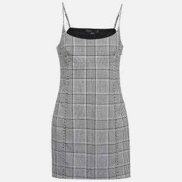 Pre Owned Alexander Wang Grey Plaid Wool Blend Scoop Neck Mini Dress L