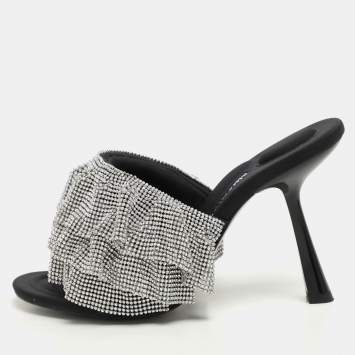 Alexander Wang Silver/Black Ruffled Detail Crystal and Fabric Nala Slide Sandals Size 37