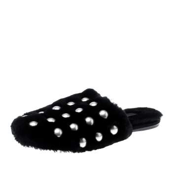 Pre Owned Alexander Wang Black Studded Fur Amelia Shearling Lined Flat Slides Size 41
