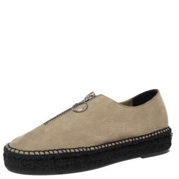 Pre Owned Alexander Wang Khaki Green Leather Devon Front Zip Flat Espadrilles Size 40